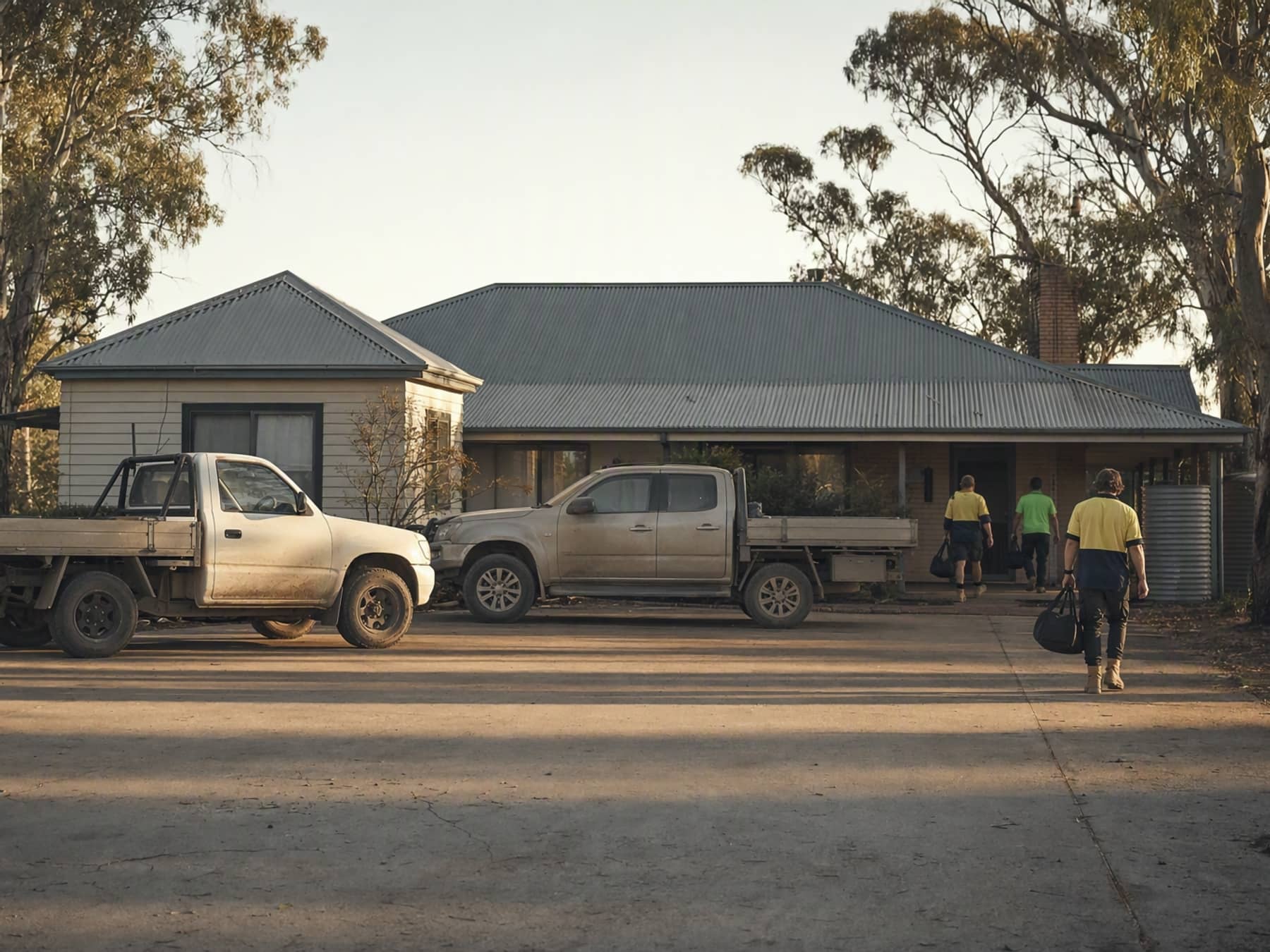 A work crew arriving at a long-stay house with their utes in the driveway