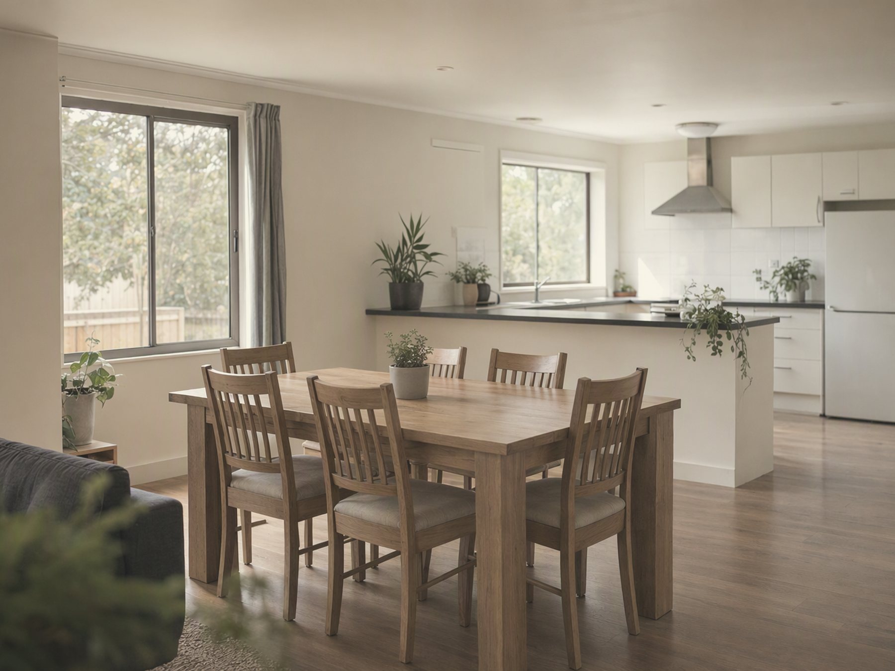A tidy shared-house kitchen and dining area ready for a crew